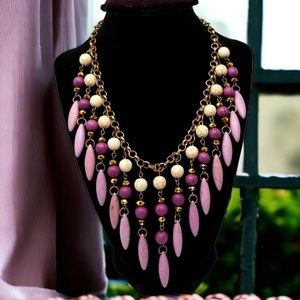 Purple & White Beaded Chain Bib Statement Necklace 19"